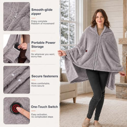 Cordless Heated Blanket with 16000mAh Battery and Fleece Lining - Gray