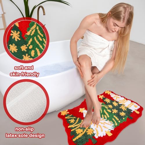 Christmas Bath Mat with Tree Pattern Non-Slip Microfiber Rug - Red Green White