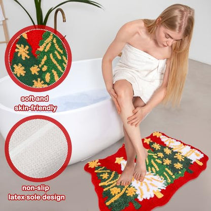 Christmas Bath Mat with Tree Pattern Non-Slip Microfiber Rug - Red Green White