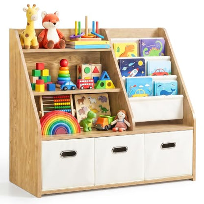 Kids Bookshelf & Toy Storage Organizer - 4-Tier Wooden Toddler Bookcase with Removable Fabric Bins