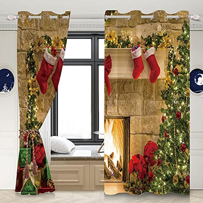 Christmas Kitchen Curtains 2 Panels Blackout Fireplace Red Stocking Decor 53x72 Inch
