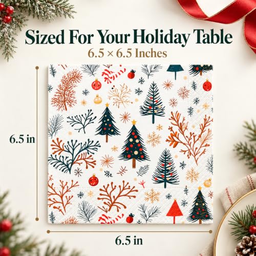 Christmas Paper Napkins Set - Multicolor Square Design, 50 Count, 6.5 x 6.5 Inches