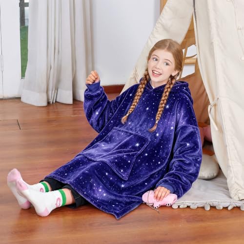 Kids Oversized Hoodie Blanket - Galaxy Dark Fleece Wearable Blanket for Kids