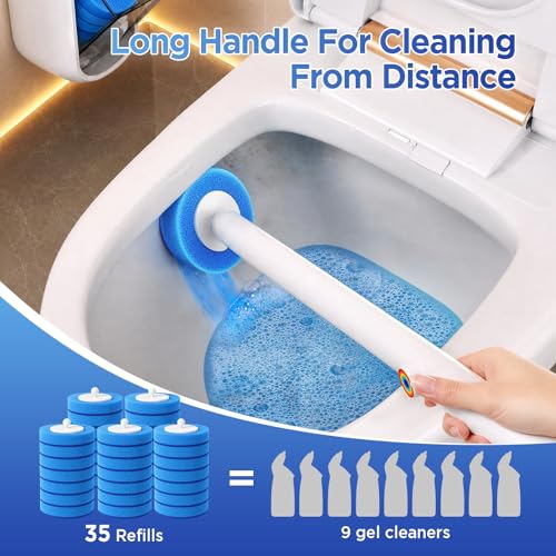 Disposable Wall-Mounted Toilet Brush with 35 Blue Refills and Storage Box - 1 Handle