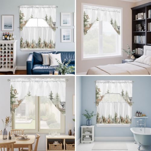 Forest Green Bear Deer Fox Rabbit 3-Piece Swag Kitchen Curtain Set - Rustic Animal Window Valances & Tiers