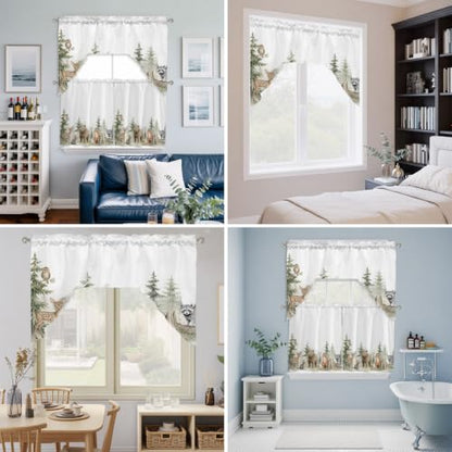 Forest Green Bear Deer Fox Rabbit 3-Piece Swag Kitchen Curtain Set - Rustic Animal Window Valances & Tiers