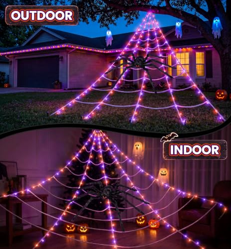 Halloween Spider Web Decorations Outdoor with 59-Inch Giant Spider - Purple & Orange Variation