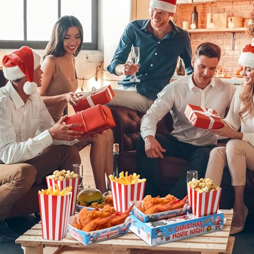 Movie Night Snack Tray Set - Christmas Themed 36 Pieces with Popcorn Boxes & Drink Holders - Holiday Party Supplies