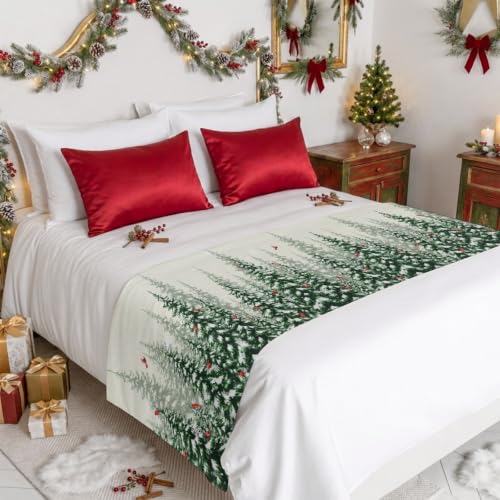 Christmas Tree Bed Runner King Size 94x20 in Green White Red Holiday Decor Bed Scarf