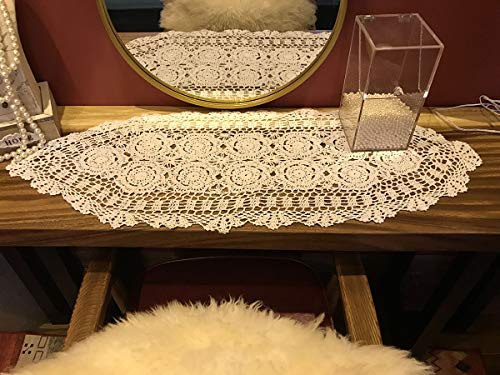 Beige Handmade Cotton Crochet Doilies Table Runner - 16 x 35 Inches - Oval Lace Decor