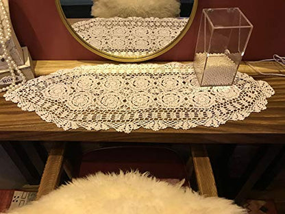 Beige Handmade Cotton Crochet Doilies Table Runner - 16 x 35 Inches - Oval Lace Decor