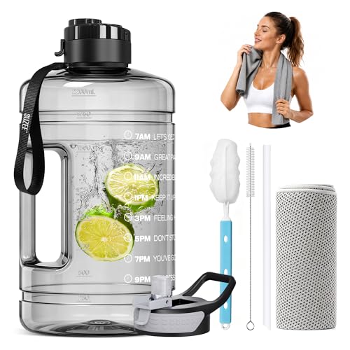 Clear 74oz Water Bottle with Time Marker & Straw - Half Gallon Hydration Jug with Handle & 2 Lids