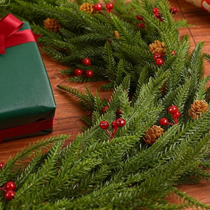 24 Pack Norfolk Pine Stems with Cone and Red Berry - Artificial Holiday Greenery