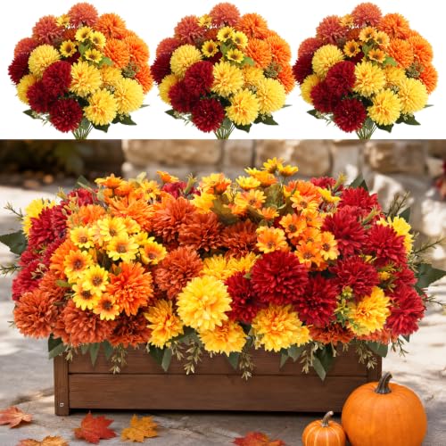 Artificial Fall Mums Flowers Set - 16 Pcs Indoor Outdoor Decor - A-16pcs