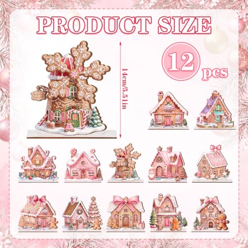 Pink Gingerbread Christmas Decor Candy House Village Set - 12 Pieces, Seasonal Tabletop Display