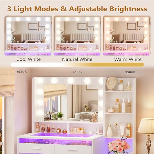 Pure White Vanity Desk with Mirror, RGB Lights, Glass Top, Open Shelves & Power Outlet (42.5W x 15.7D x 55.1H)