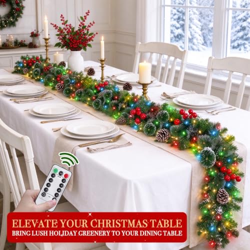 12 Ft Prelit Christmas Garland with Remote Control, 8 Modes & Timer, Warm White & Color Lights