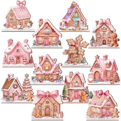Pink Gingerbread Christmas Decor Candy House Village Set - 12 Pieces, Seasonal Tabletop Display