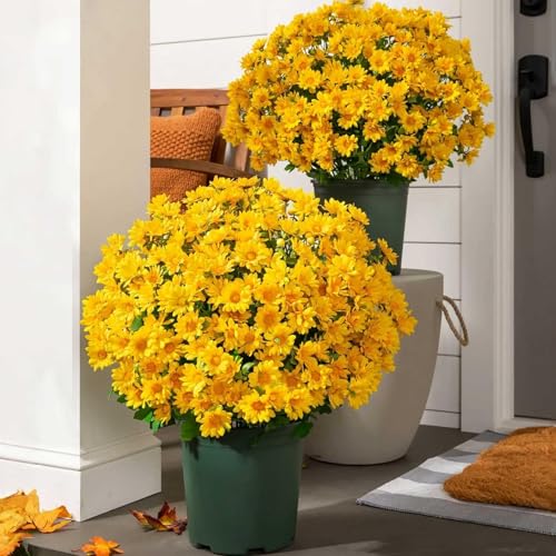 Artificial Fall Mums UV Resistant for Outdoors - Sunset Chrysanthemum (5 Bundles, Gold)