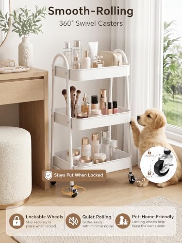 Booklov White Rolling Makeup Cart Organizer, 3-Tier Utility Storage