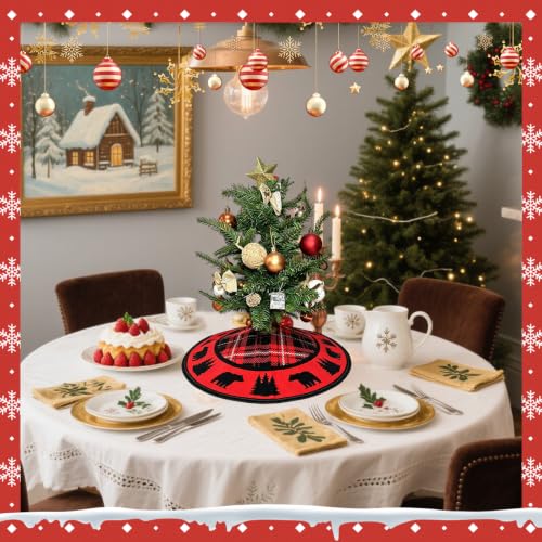 Mini Christmas Tree Skirt Black Bear Red and Black Cabin Plaid 15" - Festive Holiday Decor