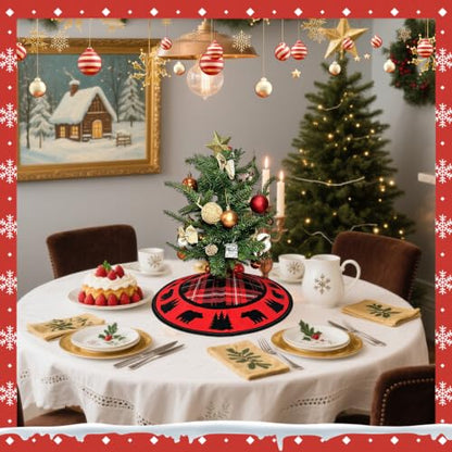 Mini Christmas Tree Skirt Black Bear Red and Black Cabin Plaid 15" - Festive Holiday Decor