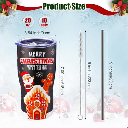 10 Sets Christmas Insulated Stainless Steel Tumblers with Lids & Straws - Deer Design
