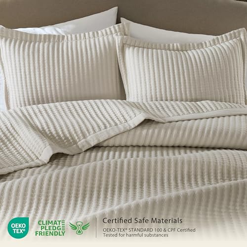 WDCOZY Cal King Size Quilt Set - Beige Striped Pick Stitch Bedspread