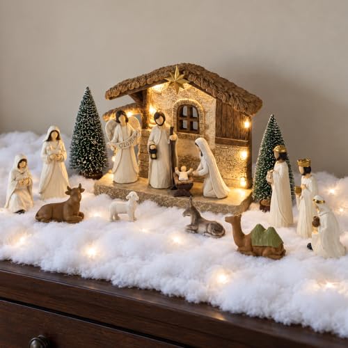 Christmas Nativity Set with Lighted Stable - 17 Pcs Religious Holiday Decor
