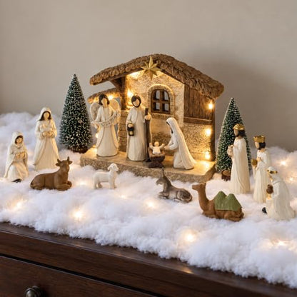 Christmas Nativity Set with Lighted Stable - 17 Pcs Religious Holiday Decor