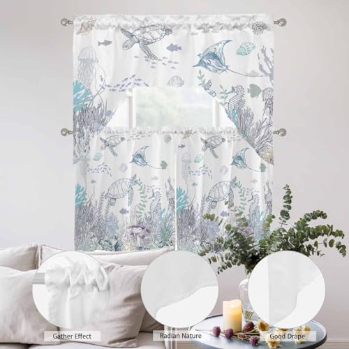 JasmineM 3 Piece Coastal Watercolor Kitchen Curtain Set - 27.5"W x 24"L