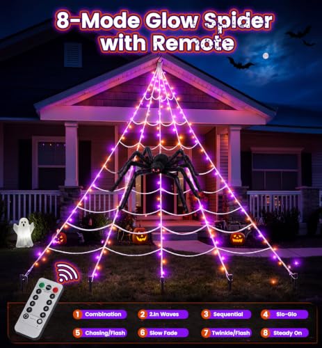 Halloween Spider Web Decorations Outdoor with 59-Inch Giant Spider - Purple & Orange Variation