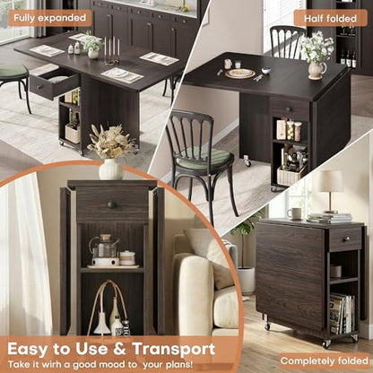 Jocoevol Space Saving Folding Dining Table for 4 - Walnut, Drop Leaf Kitchen Table with Drawer & Storage Shelf, 47.2 x 23.6 inches