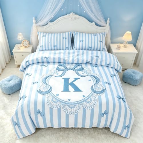 Blue Full Size 3-Piece Bedding Set for Kids with Striped Bow and Initial Letter K - Variation of Blue-K / Full