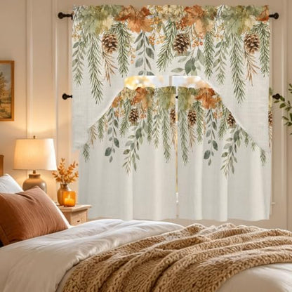 Fall Leaf Swag Kitchen Curtains Set - Beige, Sage Green, Cinnamon, Flax - 3 Pieces