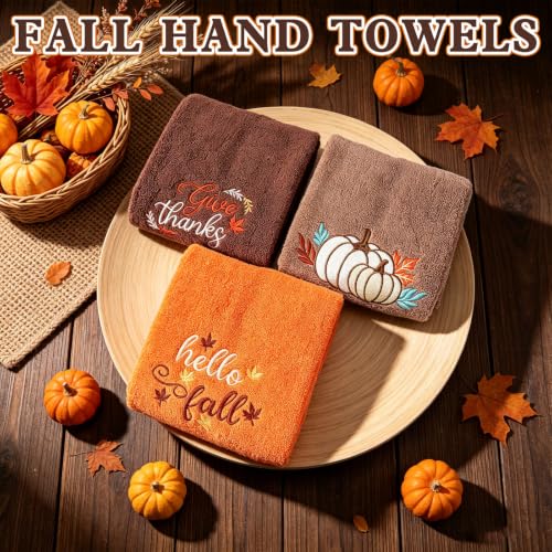 Fall Hand Towels for Bathroom - 3 Pack 13.4x29.5 Inches, Embroidered Autumn Decor