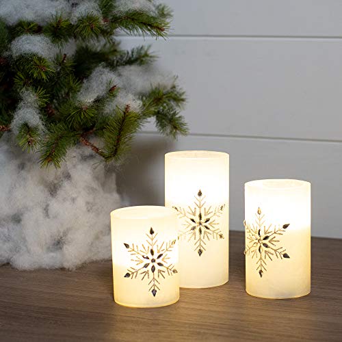 Jeweled Snowflake Flameless LED Pillar Candles Set of 3 - Winter Holiday Decor