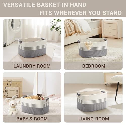 SunNewt 45L Small Laundry Basket with Leather Handles for Living Room Storage, Woven Rope Baskets Bin for Blanket, Kids Toy, Gifts, Wicker Hamper for Bedroom Dirty Clothes, 18"x14"x11" White Grey