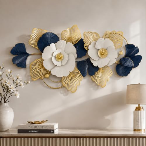 Large 3D Floral Metal Wall Art - White, Navy Blue & Gold Finish - 51x24 Inch