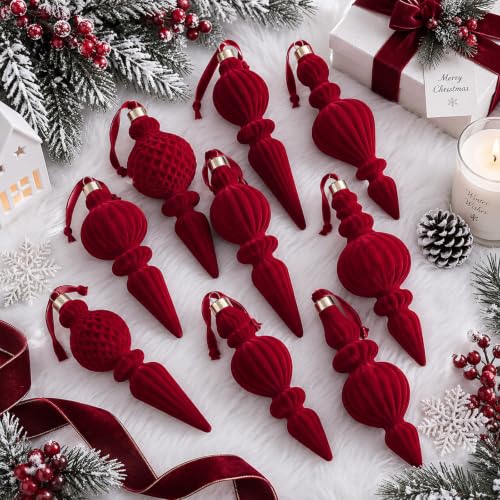 8 Pcs Burgundy Velvet Finial Christmas Tree Ornaments - Elegant Holiday Decor
