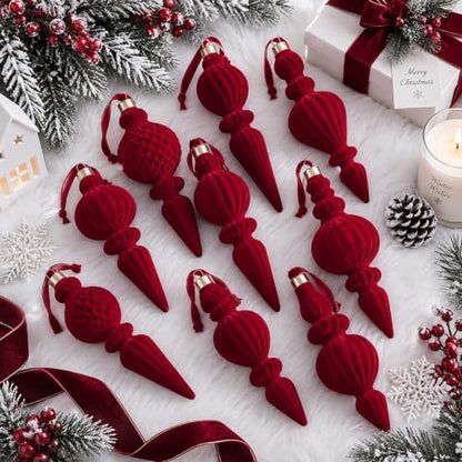 8 Pcs Burgundy Velvet Finial Christmas Tree Ornaments - Elegant Holiday Decor