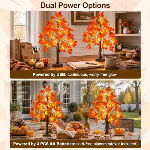 OLANRUN 2 Pack 24-Inch Lighted Fall Maple Trees with 48 LED Warm Lights & Leaves