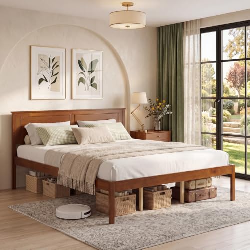 Queen Size Farmhouse Wooden Platform Bed Frame with Headboard - Walnut Open Footboard