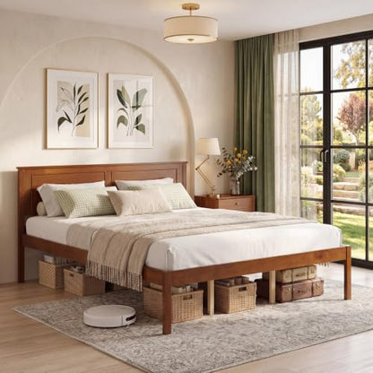 Queen Size Farmhouse Wooden Platform Bed Frame with Headboard - Walnut Open Footboard