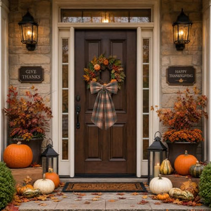 Orange-Brown Plaid Fall Wreath Sash Set for Front Door Autumn Decor - 2 Pieces