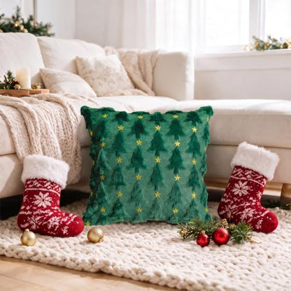 Christmas Tree Star Pillow Cover Set of 4 - Red Green Faux Fur 18x18 Inches