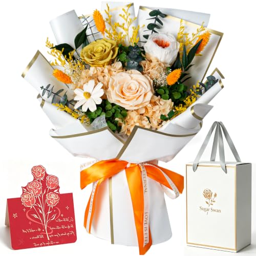 Orange Preserved Rose Flower Bouquet with Shatterproof Vase - Romantic Forever Gift for Anniversary & Valentine’s Day