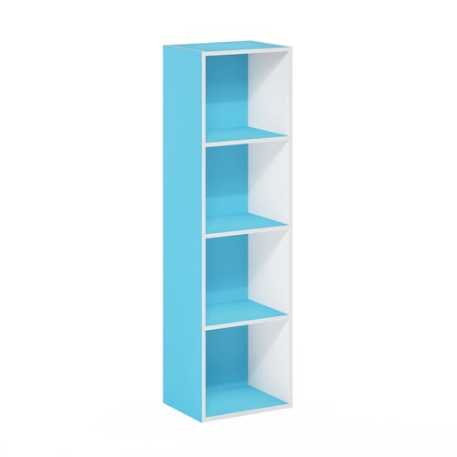 Furinno PASIR Book Shelf, 4-Tier Modern Bookshelf, Open Shelves Bookcase 9 x 12 x 42, Easy Assembly, for Living Room, Bedroom, Home Office, Light Blue/White