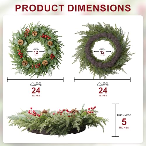 24 Inch Artificial Christmas Wreath with Pine Cones and Eucalyptus for Front Door & Indoor Decor