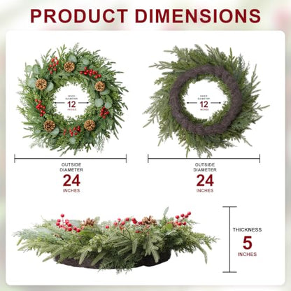 24 Inch Artificial Christmas Wreath with Pine Cones and Eucalyptus for Front Door & Indoor Decor